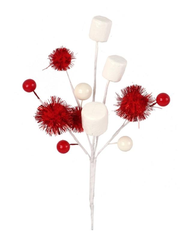 Christmas Marshmallow, Pom Pom And Berry Pick, 8.5 Inch (Lot Of 4 Picks)  |   Berries Berries Berries